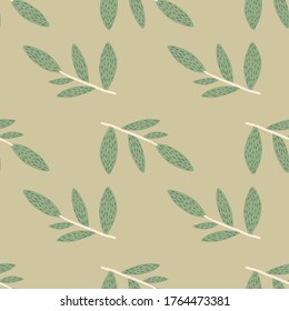 Hand drawn cute branches with leaves seamless pattern on green background. Decorative vector ornamental spring endless wallpaper. Design for fabric, textile print, wrapping paper, cover.