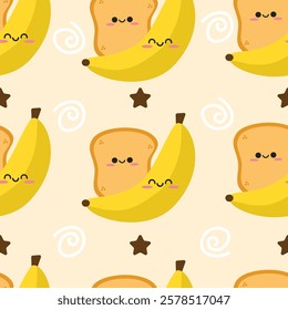 Hand drawn cute bread with banana seamless pattern. Suitable for use for wallpaper, backdrop, wrapping paper, fabrics, textile, packaging, etc