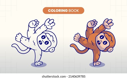 hand drawn cute breakdance monkey illustration coloring book for children to fill in