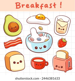 Hand drawn cute breakfast food kawaii collection