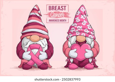 Hand drawn cute Breast Cancer awareness month gnomes holding a pink ribbon and heart health support 