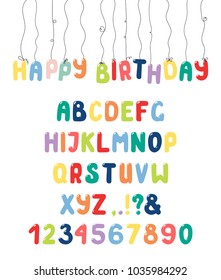 Hand drawn cute and bright roman alphabet with numbers, punctuation marks. Make your own festive lettering. Isolated letters on white background. Vector illustration.