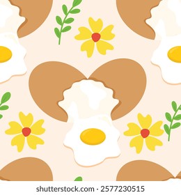 Hand drawn cute broken egg shell with yolk seamless pattern. Suitable for use for wallpaper, backdrop, wrapping paper, fabrics, textile, packaging, etc