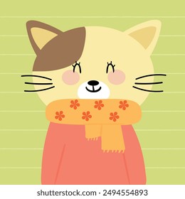 Hand drawn cute brown cat wearing a scarf, cute animal sticker, doodle