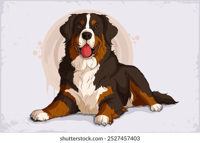 Hand drawn cute brown Swiss Bernese mountain dog lying down and panting isolated on white background