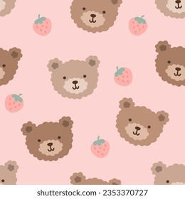 hand drawn cute brown teddy bear face with kawaii strawberry on a pastel pink background, kids seamless pattern for textile or fabric