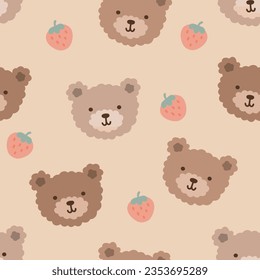 cara de oso de peluche marrón lindo dibujado a mano con fresa kawaii en un fondo beige pastel, niños patrón sin costura para textiles o tela