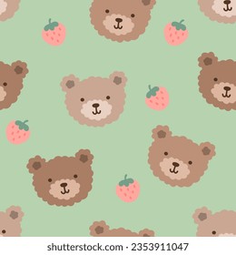 hand drawn cute brown teddy bear face with kawaii strawberry on a green background, kids seamless pattern for textile or fabric