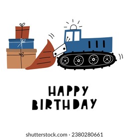 Hand drawn cute bucket loader with gift boxes in cartoon style. Birthday card. Vector card with cute car for fabric, textile, postcard, apparel or kids room design . Cars in Scandinavian style