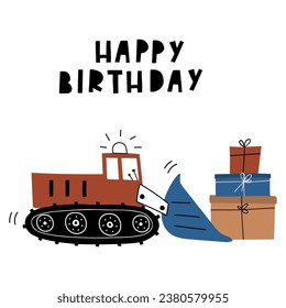 Hand drawn cute bucket loader with gift boxes in cartoon style. Birthday card. Vector card with cute car for fabric, textile, postcard, apparel or kids room design . Cars in Scandinavian style