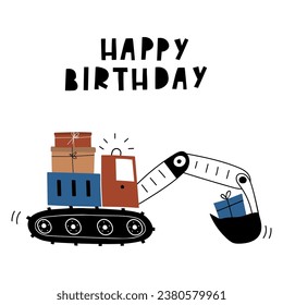 Hand drawn cute bucket loader with gift boxes in cartoon style. Birthday card. Vector card with cute car for fabric, textile, postcard, apparel or kids room design . Cars in Scandinavian style