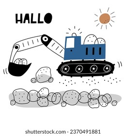 Hand drawn cute Bucket truck in cartoon style and lettering Hallo. Vector card with cute car for fabric, textile, bag, postcard, apparel or kids room design. Vector car in Scandinavian style. EPS 10