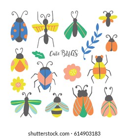 Hand drawn cute bugs and beetles set. Can be used for stickers, pins and fashion patches design. Vector illustration