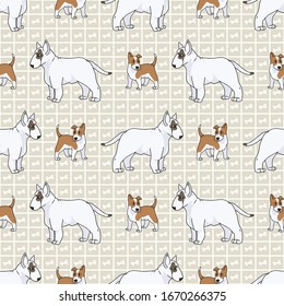 Hand drawn cute bull terrier puppy and dog breed seamless vector pattern. Purebred pedigree show dog domestic on background. Dog lover pooch pet all over print. Kennel hound. EPS 10. 