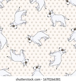 Hand drawn cute bull terrier dog breed seamless vector pattern. Purebred pedigree show dog puppy domestic on background. Dog lover pooch pet all over print. Kennel hound. EPS 10. 