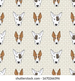 Hand drawn cute bull terrier puppy and dog face breed seamless vector pattern. Purebred pedigree show dog domestic on background. Dog lover pooch pet all over print. Kennel hound. EPS 10. 