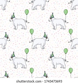 Hand drawn cute bull terrier dog with party hat seamless vector pattern. Purebred pedigree puppy celebration background. Dog lover pooch pet all over print. Kennel hound. EPS 10. 