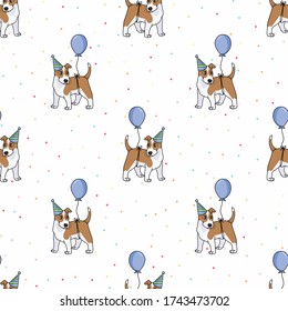 Hand drawn cute bull terrier puppy with party hat seamless vector pattern. Purebred pedigree celebration background. Dog lover pooch pet all over print. Kennel hound. EPS 10.