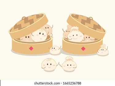 Hand drawn cute Bun and bamboo steamer. Vector Bun and Dumplings cartoon concept illustration design.