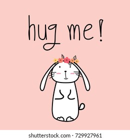 Hand Drawn Cute Bunnies With "hug me!" Typography.