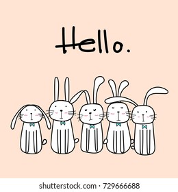 Hand Drawn Cute Bunnies With Say Hello. 