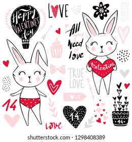 Hand drawn cute bunnies set. Happy Valentines day. Greeting card, poster, with cute hearts and rabbits collection. Funny doodle animals. Little hare in cartoon style. Holiday elements.