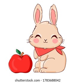 Hand Drawn Cute Bunny and apple, print design rabbit. Vector illustration