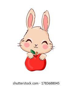 Hand Drawn Cute Bunny and apple, print design rabbit. Vector illustration