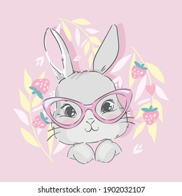 Hand Drawn Cute Bunny and background with strawberry leaves and berries vector, children print design rabbit illustration