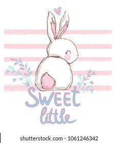 Hand Drawn Cute Bunny, beautiful children's print for girl, Vector Illustration