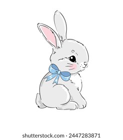 Hand Drawn Cute Bunny blue bow, print design rabbit. Vector