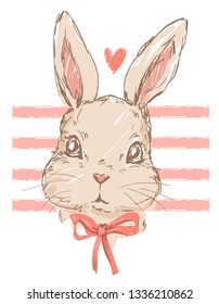 Hand drawn cute bunny with bow. Print design for children's fashion textiles. Vector illustration Rabbit.