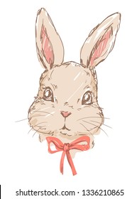 Hand drawn cute bunny with bow. Print design for children's fashion textiles. Vector illustration Rabbit.
