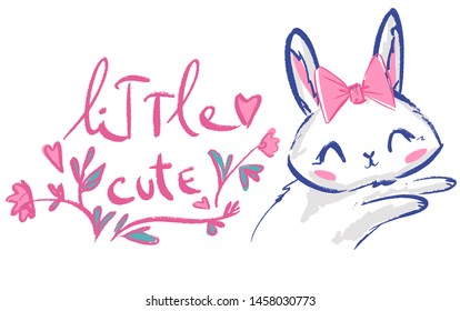 Hand Drawn Cute Bunny and bow, print design rabbit, flowers, children print on t-shirt.