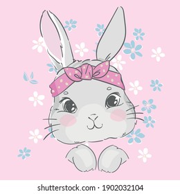 Hand Drawn Cute Bunny with bow and flowers, Rabbit vector illustration.