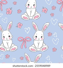 Hand Drawn Cute Bunny and Bow and heart and Flower background vector seamless, Little Rabbits pattern Kids print.