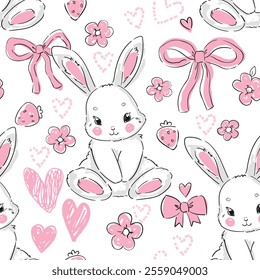 Hand Drawn Cute Bunny and Bow and heart and Flower background vector seamless, Little Rabbits pattern Kids print.