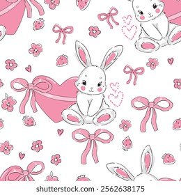 Hand Drawn Cute Bunny and Bow and heart and Flower background vector seamless, Little Rabbits pattern Kids print.