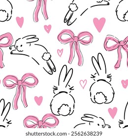 Hand Drawn Cute Bunny and Bow and heart and Flower background vector seamless, Little Rabbits pattern Kids print.