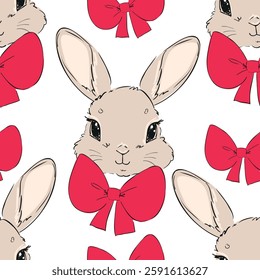 Hand Drawn Cute Bunny and bow Pattern, print design rabbit background, children print textile design