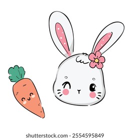 Hand Drawn Cute Bunny with Carrot Adorable Kids Illustration Vector Design Print