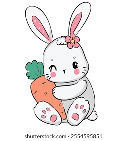 Hand Drawn Cute Bunny with Carrot Adorable Kids Illustration Vector Design Print