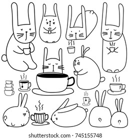 Hand Drawn Cute Bunny Characters With Coffee Set. Doodle Art.