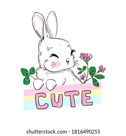 Hand drawn  cute bunny in clover and handwritten phrase cute isolated on white background beautiful rabbit and flowers childish vector illustration