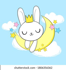 Hand drawn cute bunny with crown on the moon and starry sky print design for baby pajamas  textiles vector illustration