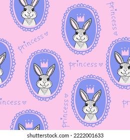 Hand drawn Cute Bunny and crown vector illustration pattern design rabbit, children print on t-shirt.