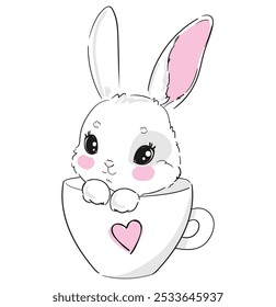 Hand Drawn Cute Bunny with a cup and heart Vector illustration 