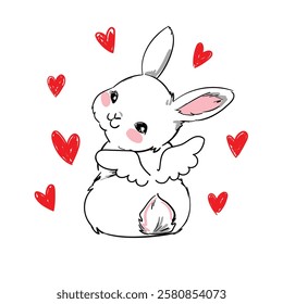 Hand Drawn Cute Bunny with Decorative Wings and Hearts Vector Illustration