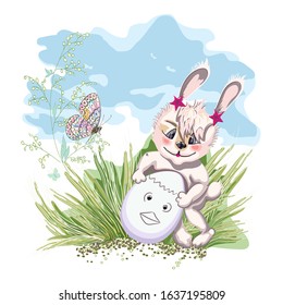 Hand drawn cute Bunny with easter egg, print design rabbit on a green glade and butterfly.