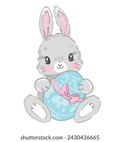 Hand Drawn Cute Bunny and easter egg vector, design rabbit, kids print 